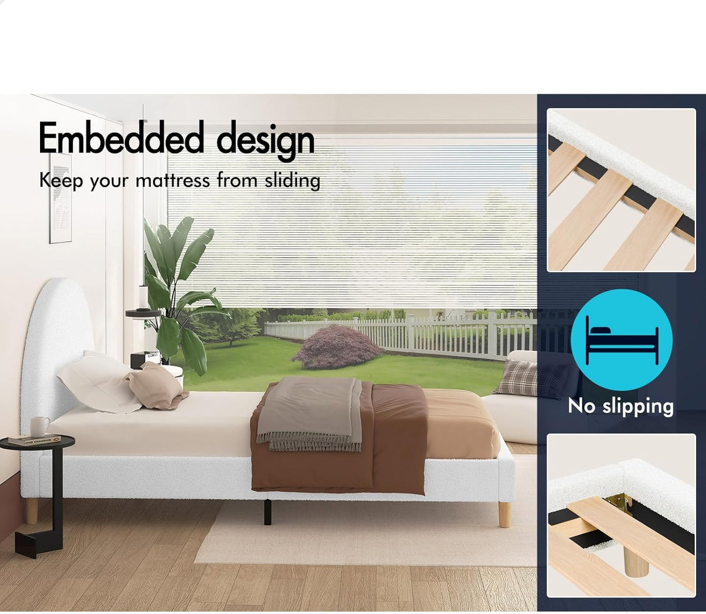 ALFORDSON Bed Frame Base Single Size Calla Series with Bed Head, Mattress Topper Platform Foundation with Boucle Fabric Upholstery for Bedroom, Boucle White