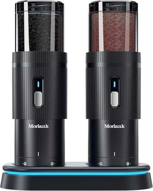 Upgraded Larger Capacity Electric Salt and Pepper Grinder Set, Rechargeable Salt and Pepper Grinder Set with a Brilliant Charge Base, Adjustable Coarseness, Efficient Kitchen Gadgets, Iron Gray