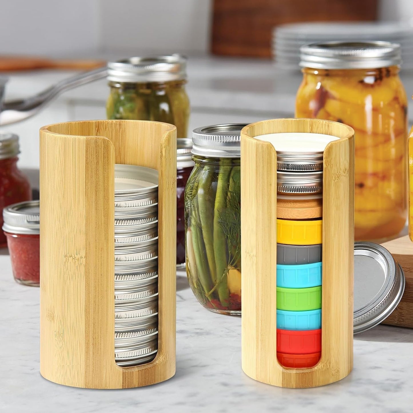 Mason Jar Lid Organizer (2pcs), Mason Jar Lid Storage Made of Bamboo, Suitable for Mason Lids/Canning Lids/Bamboo Lids One WIDE And One REGULAR Mouth