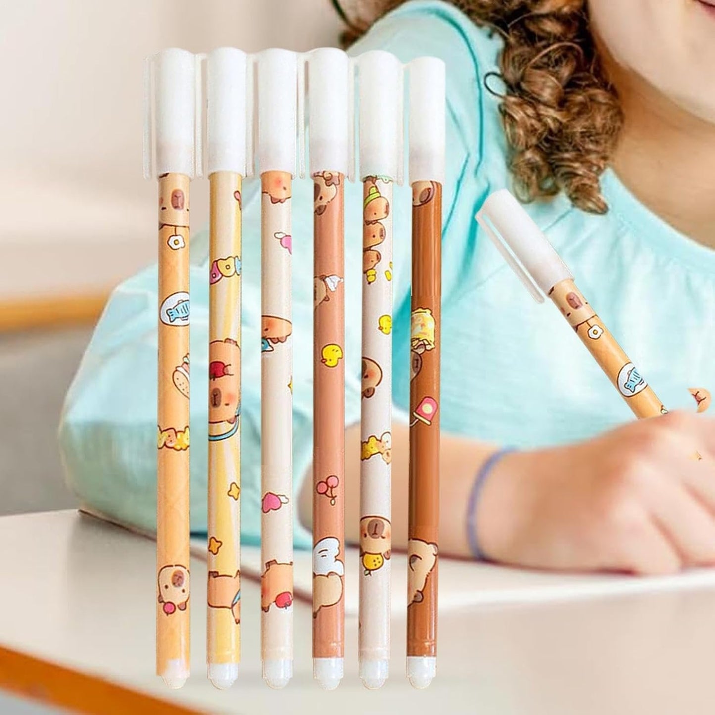 Erasable Pens,Set Of 6 Capybara Pattern Colorful Gel Pens | With Eraser, Fade-Resistant, Comfort-Grip Stationery Set For Art Sketching School Assignments