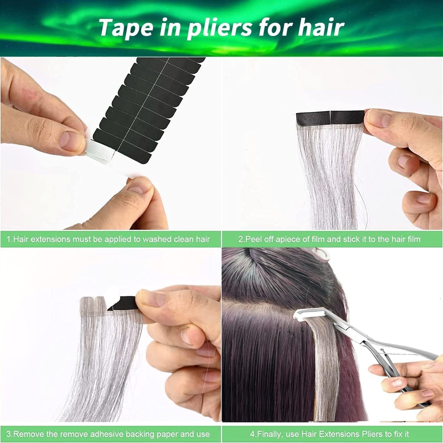 Hair Extensions Tools Kit, Professional Tape in Hair Sealing Pliers Flat Surface Hair Extension Plier Tools with Double Sided Replacement Adhesive Tape Tabs -Silvery