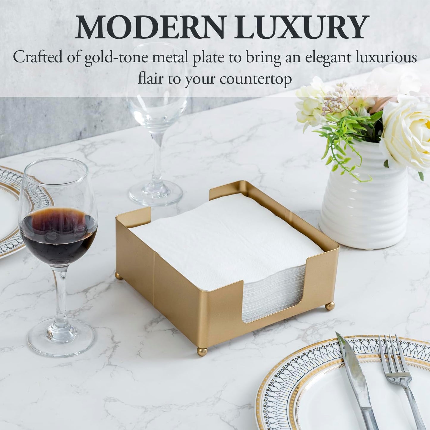 MyGift Modern Metal Square Napkin Holder with Gold-Tone Finish, Tabletop Flat Napkin Dispenser Tray for Kitchen and Dining Table