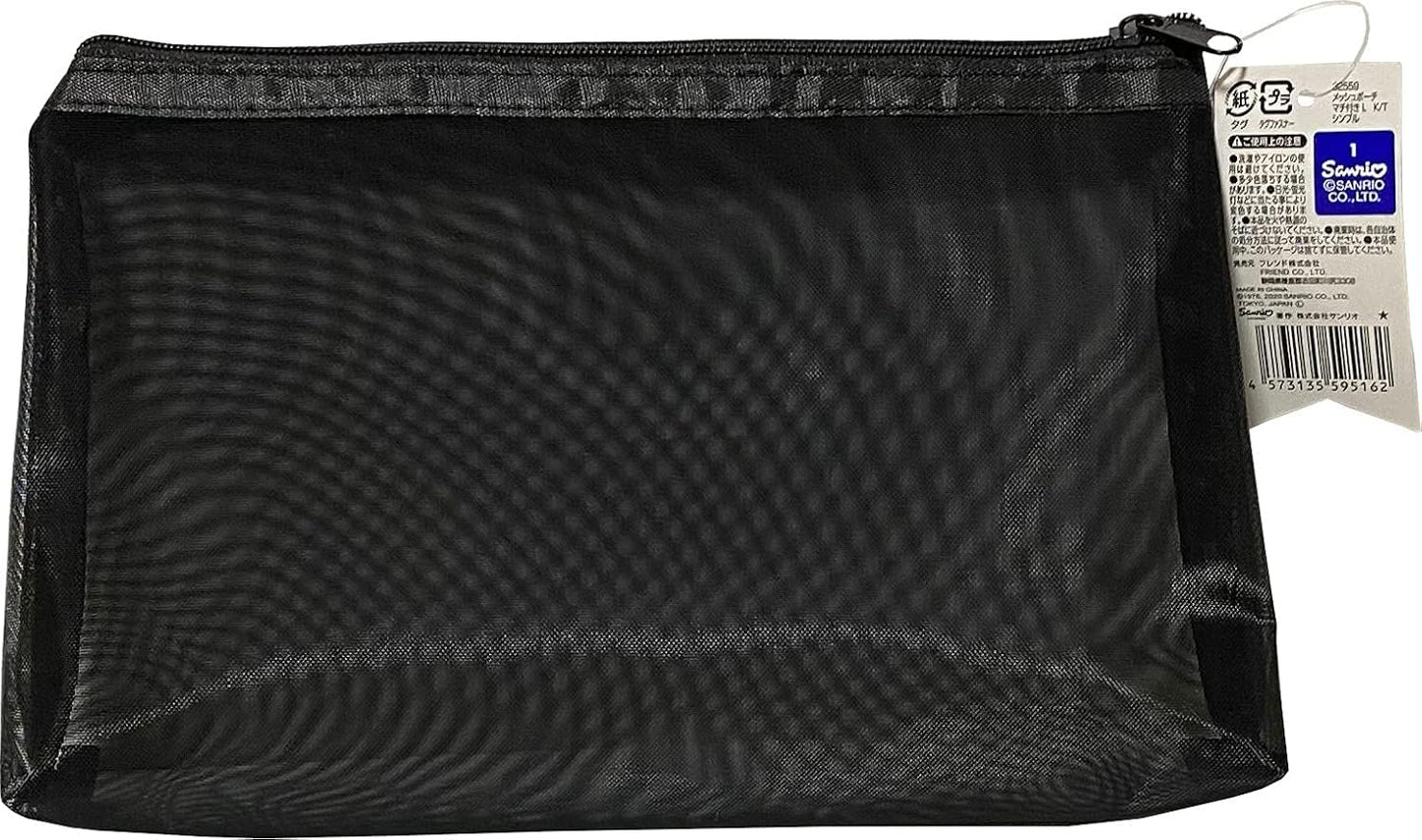 Sanrio Hello Kitty Accessories Cosmetic Mesh Nylon Polyester Pouch Zipper Case Bag with Gusset 21.5×13×3.5cm (Simple), Black