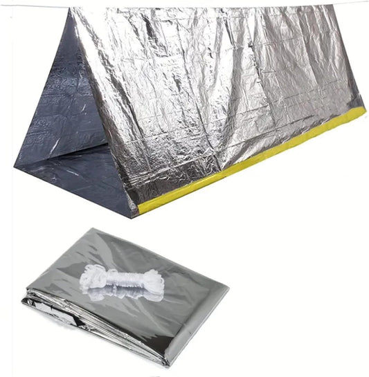 JUBSOSCAMP 1 Piece Survival Shelter, Polyester Film Emergency Tent Survival Kit with String Bundle Pocket Whistle for Hiking, Car Camping(Silver)