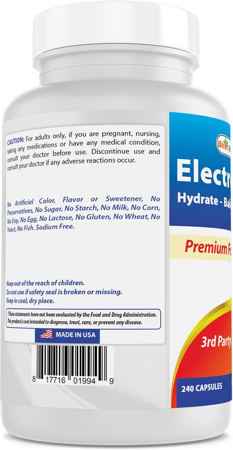 Best Naturals Electrolytes Hydrate-Balance- Sustain Premium Formula 240 Capsules. Gluten Free and Non-GMO.