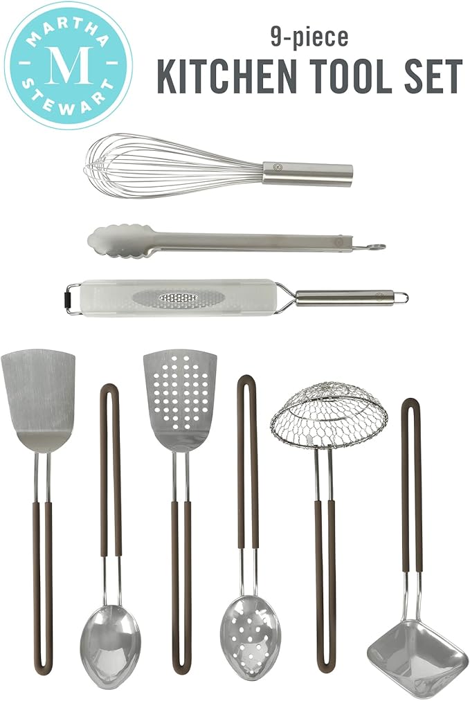 Martha Stewart 9-Piece Stainless Steel Prep & Serve Kitchen Gadget and Tool Set - Dishwasher Safe