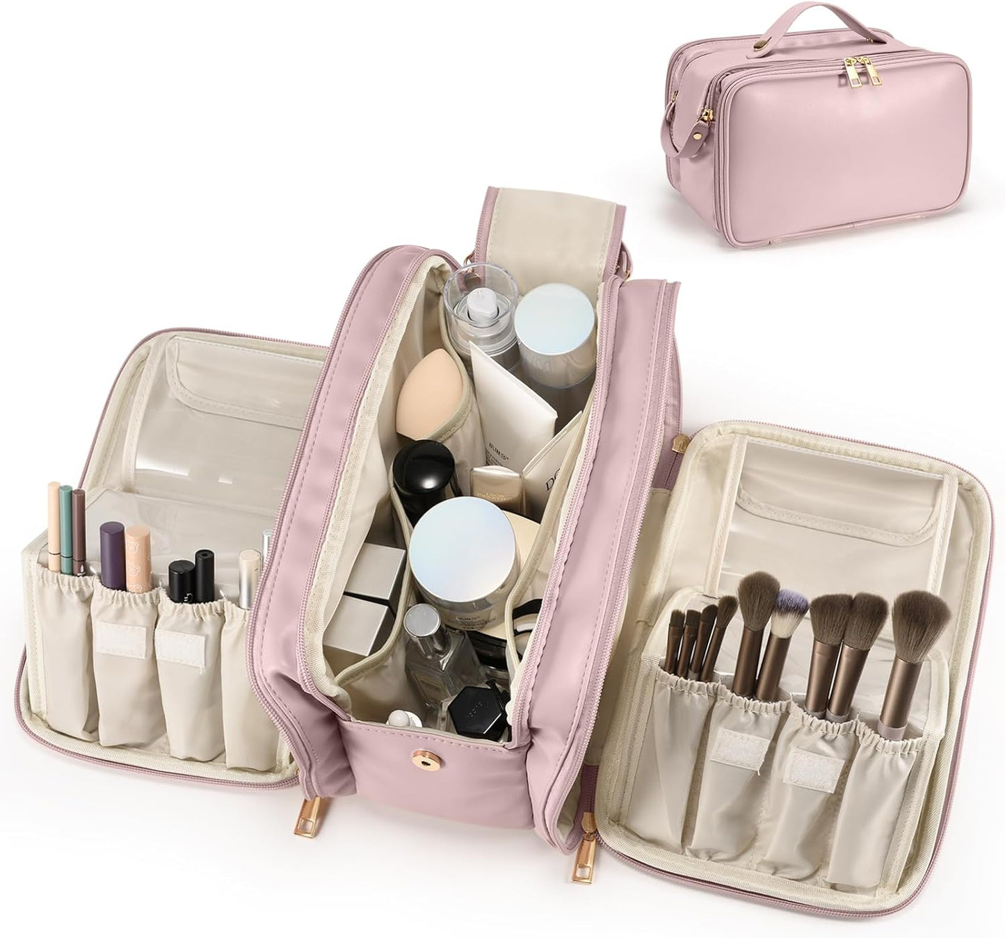 Travel Makeup Bag Women's Large Capacity Cosmetic Portable Organizer Large Opening Waterproof Storage Toiletry Bags Vertical Free-Standing Brush Holder for Easy Access Pink