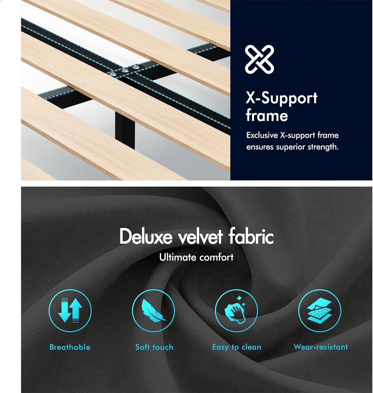 ALFORDSON Bed Frame Base Double Size with Headboard, Bed Platform Foundation with Velvet Fabric Upholstered for Mattress Topper, HUNDOLF Series Velvet Grey