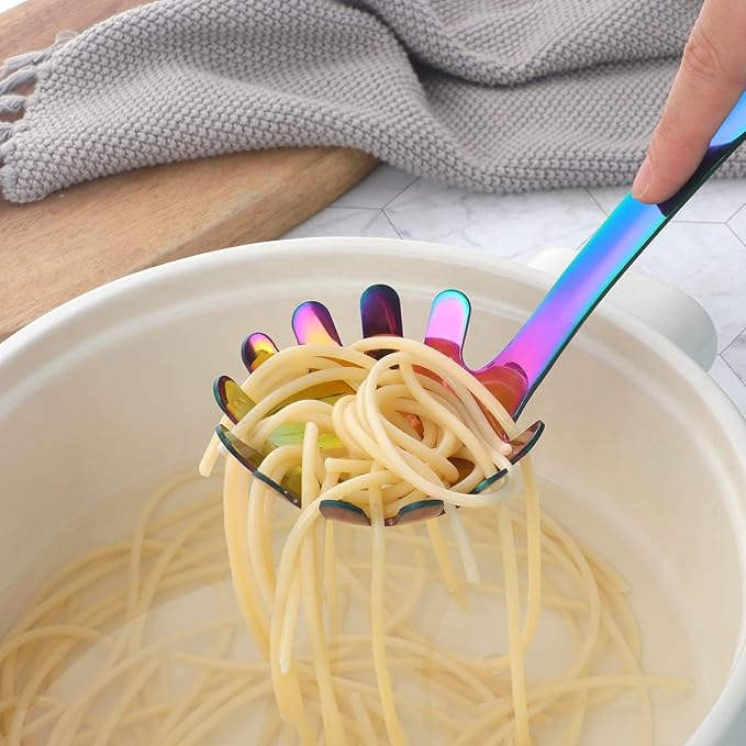 Buyer Star Kitchen Utensils Set 5 Pcs Cooking Utensils Stainless Steel 18/0 Kitchen Tool And Gadgets Salad Spoon Forks Gravy Ladles Pasta Server Potato Masher Mirror Polish Dish Washer Safe, rainbow