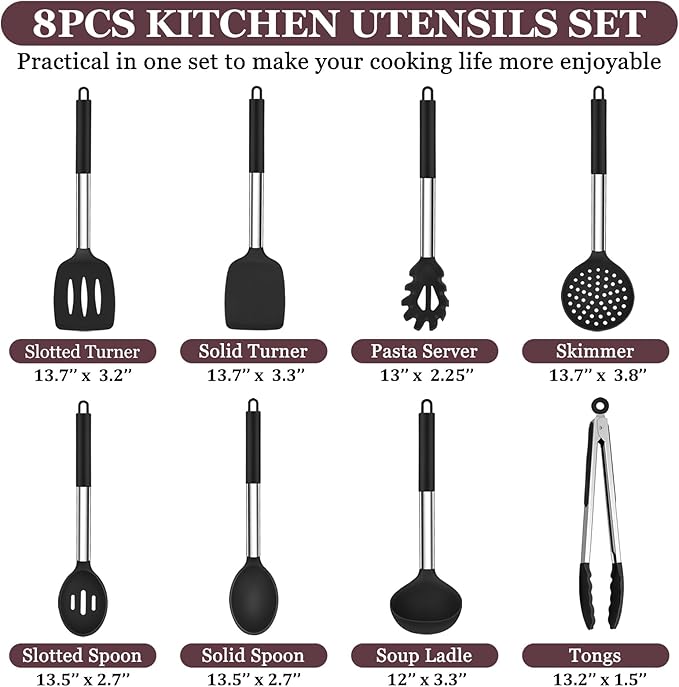 TeamFar Kitchen Utensils Set of 8, Silicone Utensils Kitchen Tools Set with Stainless Steel Handle, for Frying Serving Flipping Draining, Non-toxic & Heatproof, Nonstick & Dishwasher Safe - Black