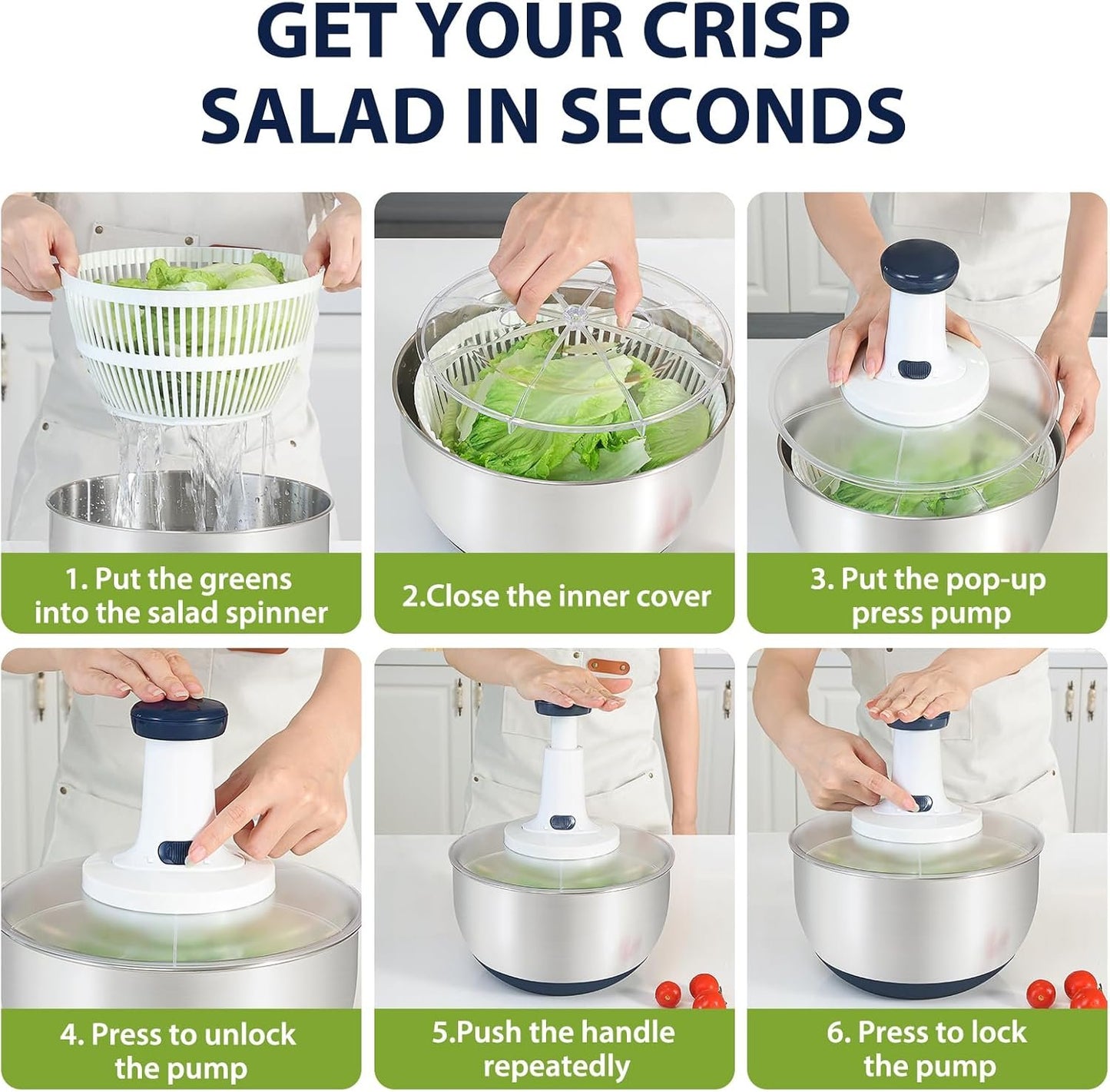 Rorence 3 in 1 Stainless Steel Pump Salad Spinner Food Chopper Set: Large Collapsible Lettuce Spinner, Chopper for Vegetable Slicer and Dicer, 5 QT Mixing Bowl with 5 Graters