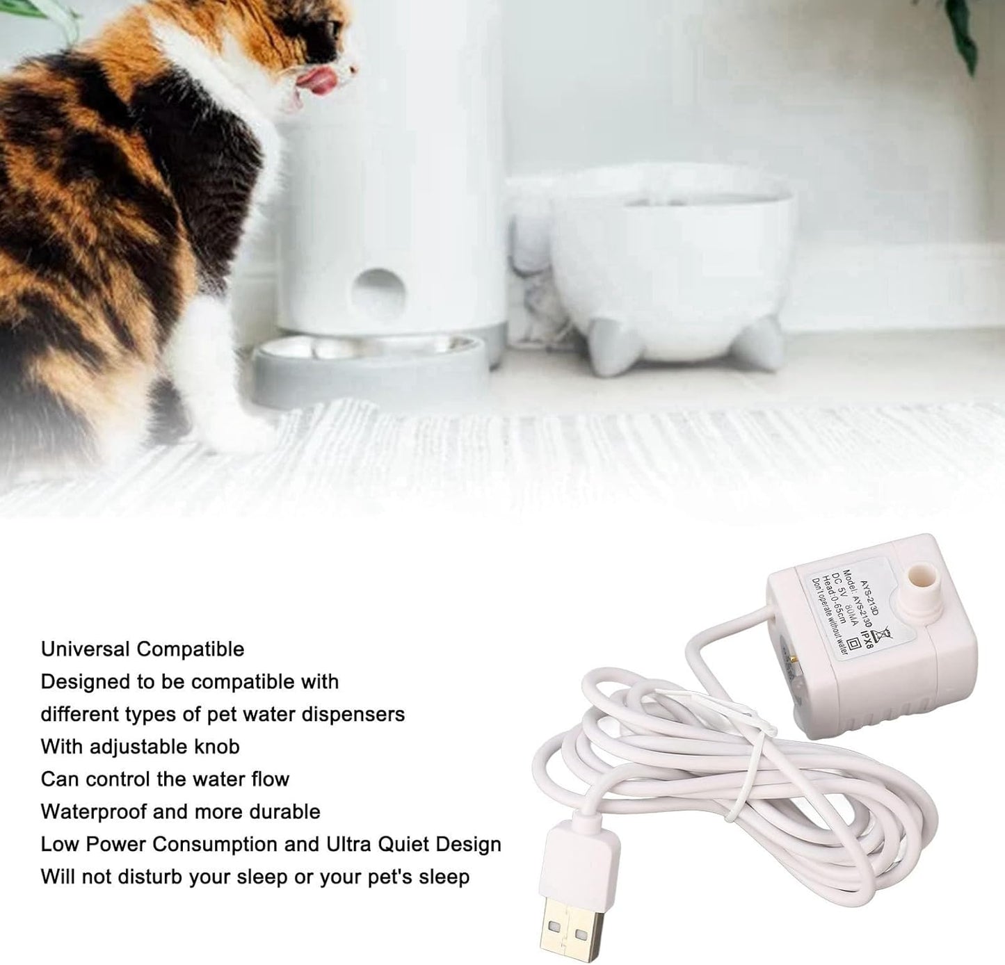Cat Water Fountain Pump, Pet Quiet Prevent Dry Burning Mini Dispenser Feeding & Watering Supplies USB Powered DC Brushless Motor Replacement for Drinking