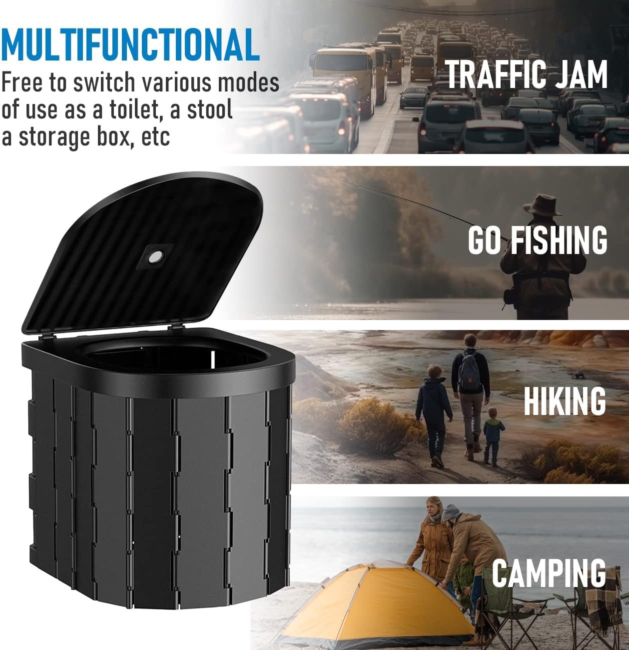 Aumerage Portable Folding Waterproof Camping Toilet with Lid & Carry Bag, Compact Travel Toilet for Camping, Hiking, Boat, Beach, Traffic Jam, Car and Outdoor Adventures (Black)