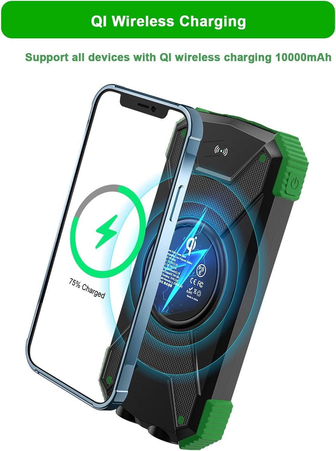 Solar Power Bank, Solar Charger 10000mAh QI Wireless Charger Portable External Battery Pack, Solar Panel Charging with Compass Dual Flashlight Outdoor Camping(Green)