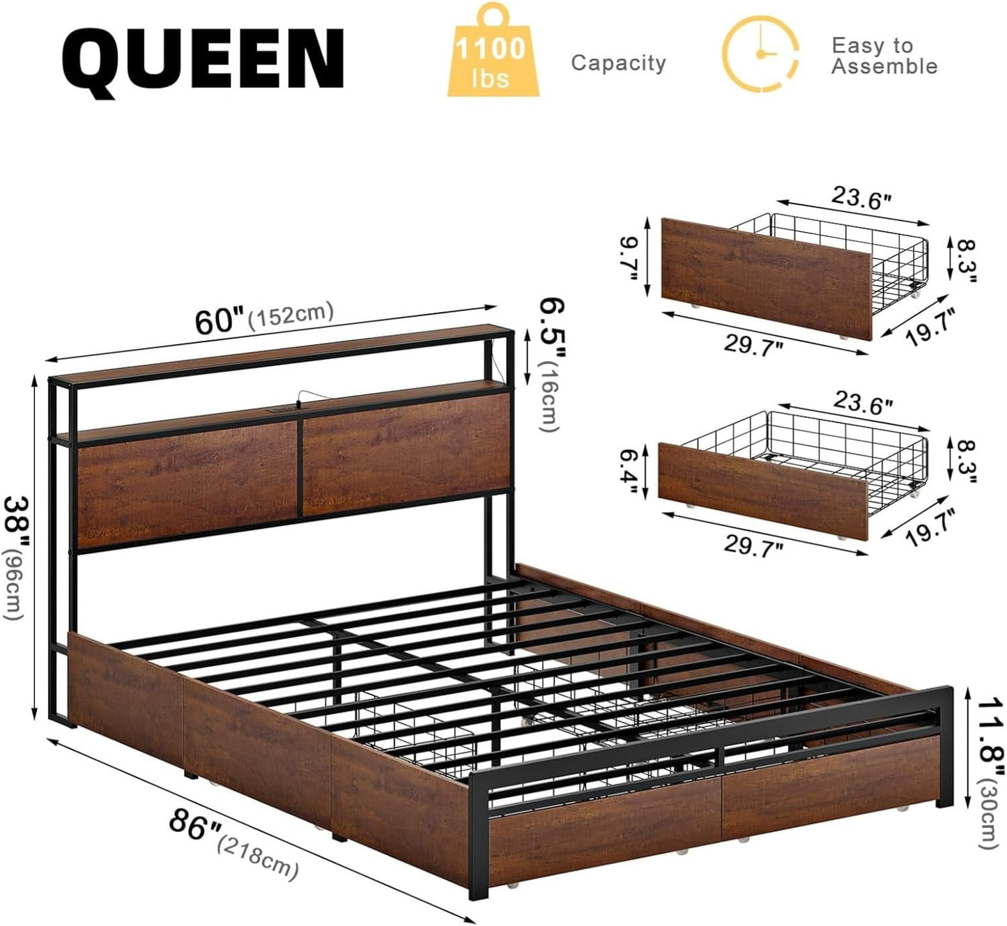 Bed Frame with Storage Headboard & 4 Drawers - LED Charging Station, Silent Metal Platform, No Box Spring Needed (Brown, Queen (U.S. Standard))