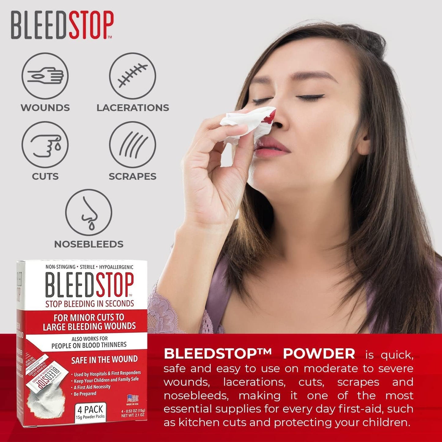 BleedStop First Aid Powder for Blood Clotting, Trauma Kit, Blood Thinner Patients, Camping Safety, and Survival Equipment for Moderate to Severe Bleeding Wounds or Nosebleeds (Double 4 Pack 15g)