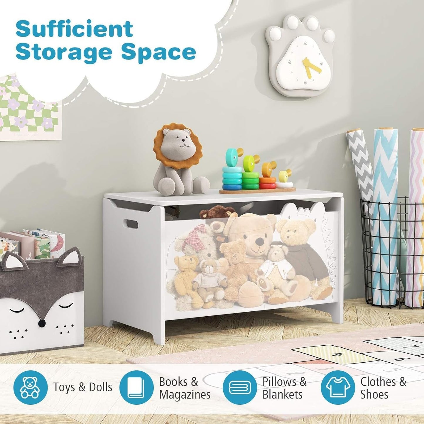 HONEY JOY Kids Toy Box Storage Chest, Wooden Trunk Bench w/Safety Hinge, Children Storage Cabinet w/Handles, Flip-Top Home Organiser Toy Bench Box for Kid’s Room Playroom Bedroom Living Room (White)