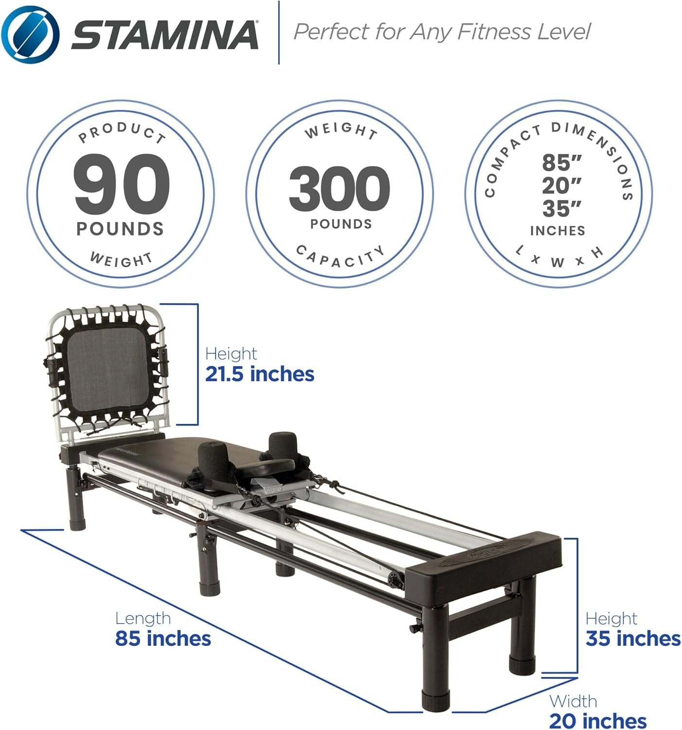 Stamina Products AeroPilates Reformer 651 Whole Body Resistance Pilates Workout Board Machine for Home Gym w/ 10 Inch Stand & Foldable Frame w/ Wheels