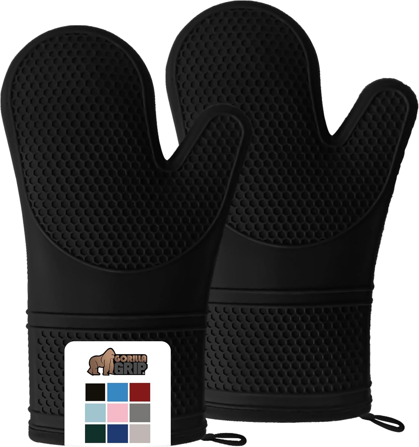GORILLA GRIP Heat Resistant Durable Silicone Oven Mitts, BPA-Free Protective Grilling Potholders, Soft Cotton Lining, Flexible Waterproof Cooking Mitt Set, Kitchen Home Essentials, 12.5x8.3, Black