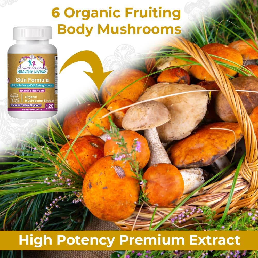 Cancer Sciences Skin Wellness Supplement, USDA Certified Organic Extract Mushrooms Supplement, Extra Strength 1,500 mg, High Potency 40% Beta-Glucans, Immune Support, Glowing Complexion, 120 Capsules