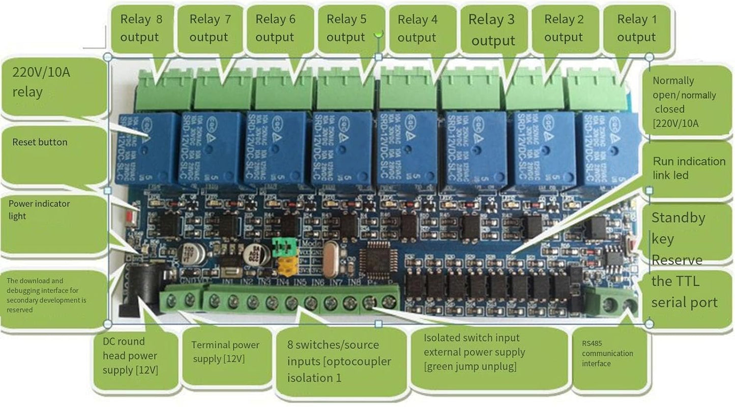 KEXIAO RTU 8 Channel 12V Relaying Module with RS485 Input Output for Industrial and Home Automation