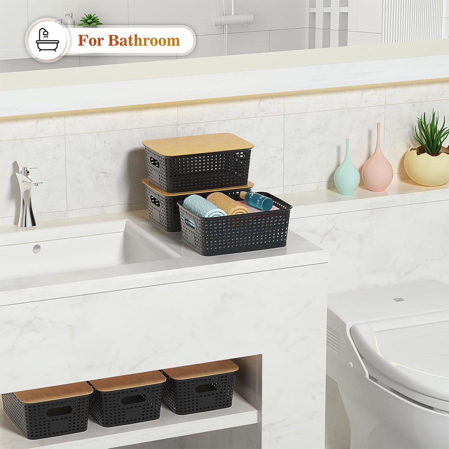Plastic Storage Baskets With Bamboo Lid - Plastic Storage Containers Stackable Storage bins: Storage Baskets for Organizing Shelves Drawers Desktop Closet Playroom Classroom Office, 6 Pack