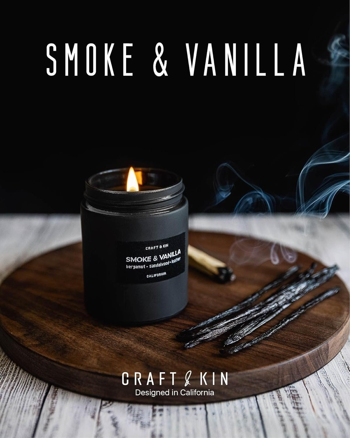 Craft & Kin Scented Black Candles for Men | Fathers Day Gift for Dad | Premium Smoke & Vanilla Spring Scented Candles | Long Lasting with 45 Hour Burn Time, 7.6oz