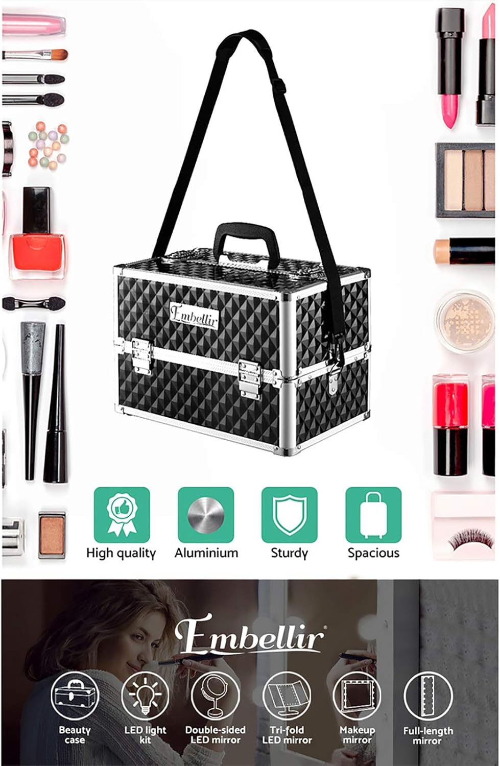 Embellir Makeup Case, Aluminium Lockable Beauty Cases Suitcase Make Up Large Organisers Storage Portable Toiletry Cosmetic Box Travel Indoor Outdoor Accessories, with 8 Dividers 4 Sliding Trays Black