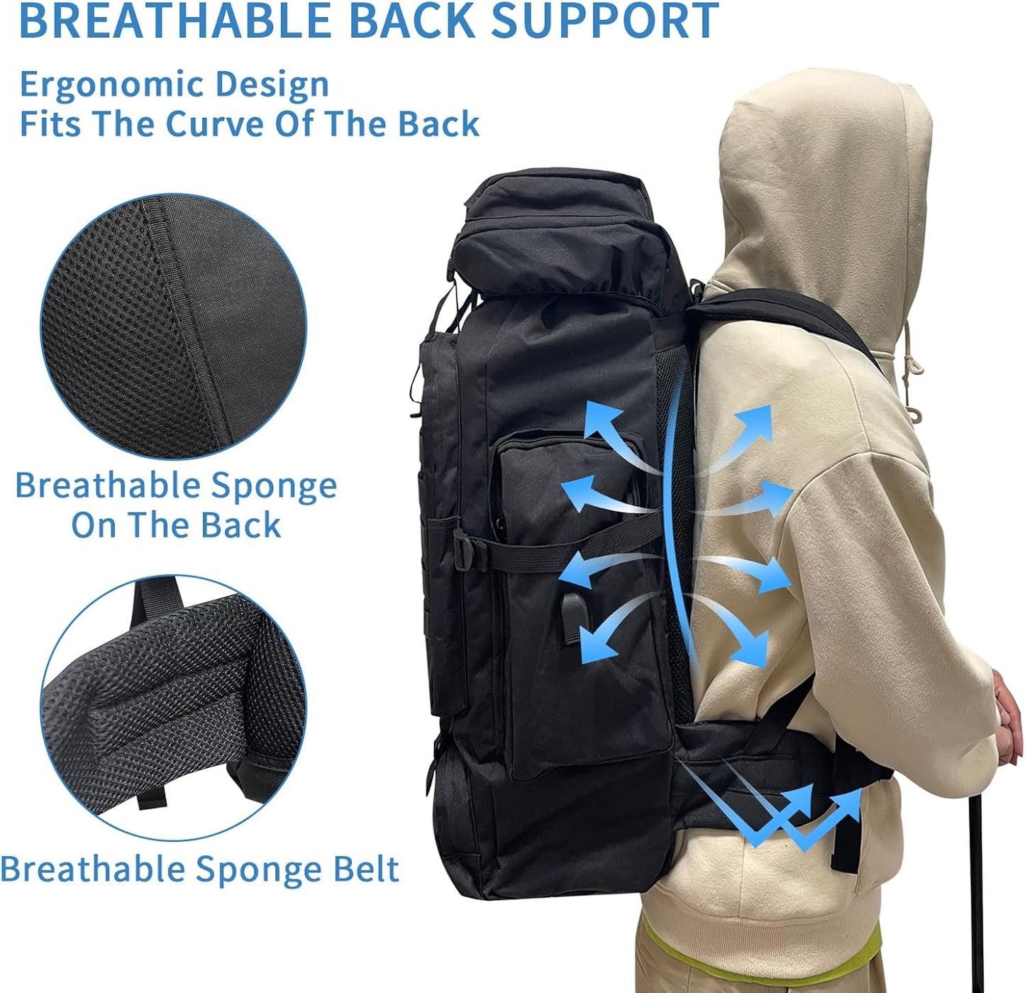 Toguma 80L Internal Frame Backpack Hiking Backpack for Men Woman, Large Tactical Backpack Rucksack Travel Daypack Laptop Backpack for Climbing Outdoor Sport (Black)