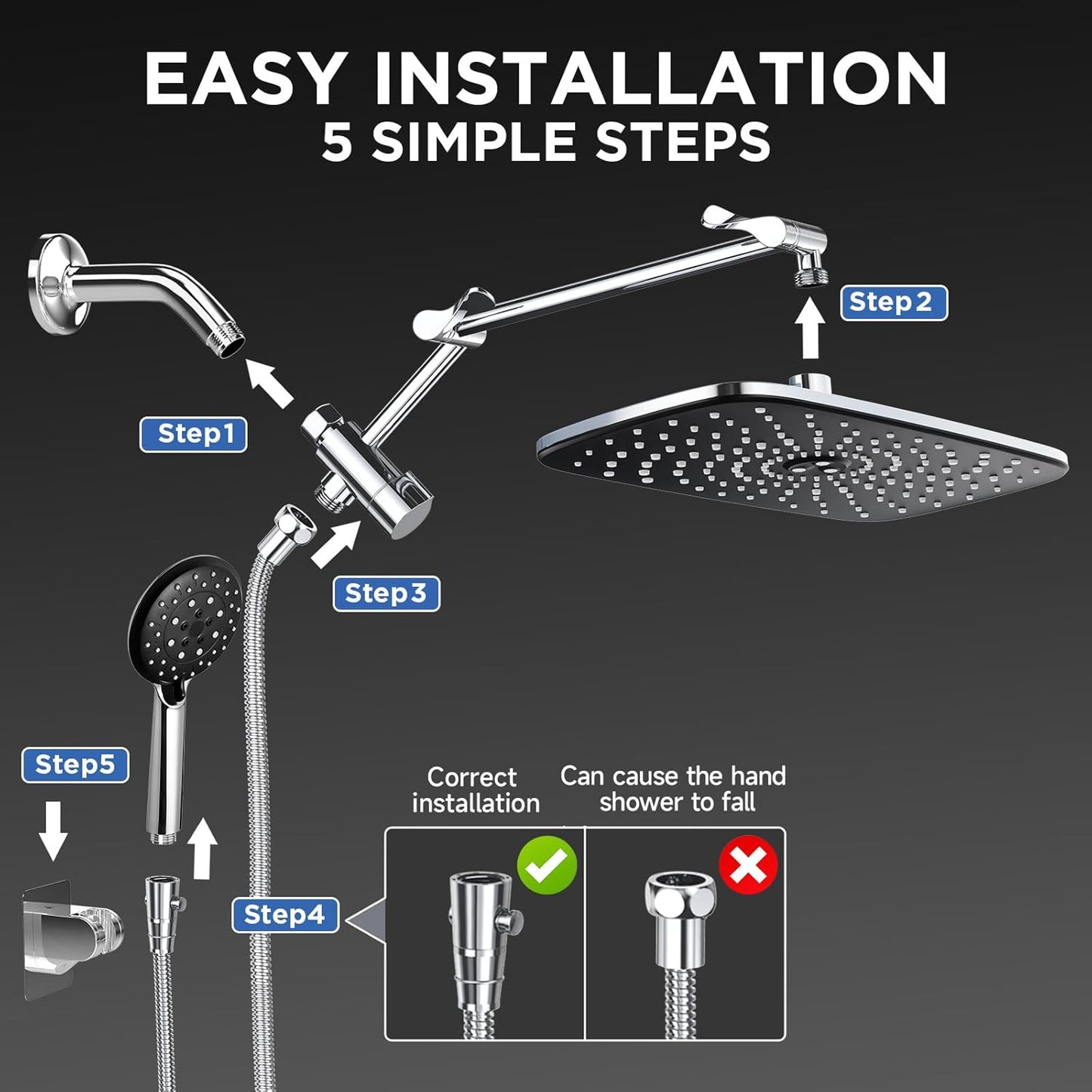 Veken Wide Rain Shower Head with 6 Modes Handheld Water Spray,High Pressure Showerhead Combo with Arm for Bathroom Accessories,Home Decor Adjustable Dual Shower with Anti-Clog Nozzles,Silver Chrome