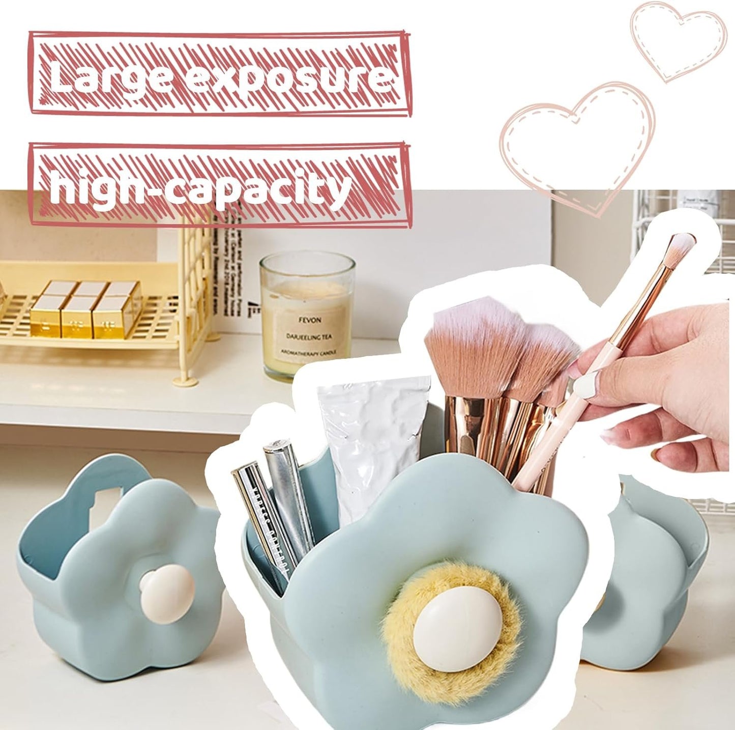 Flower-shaped Pen Holder for Desk,Multifunctional Plastics Makeup Brush Holder Cute Desk Accessories pen organizer for Home Office Table Decor .(Blue)