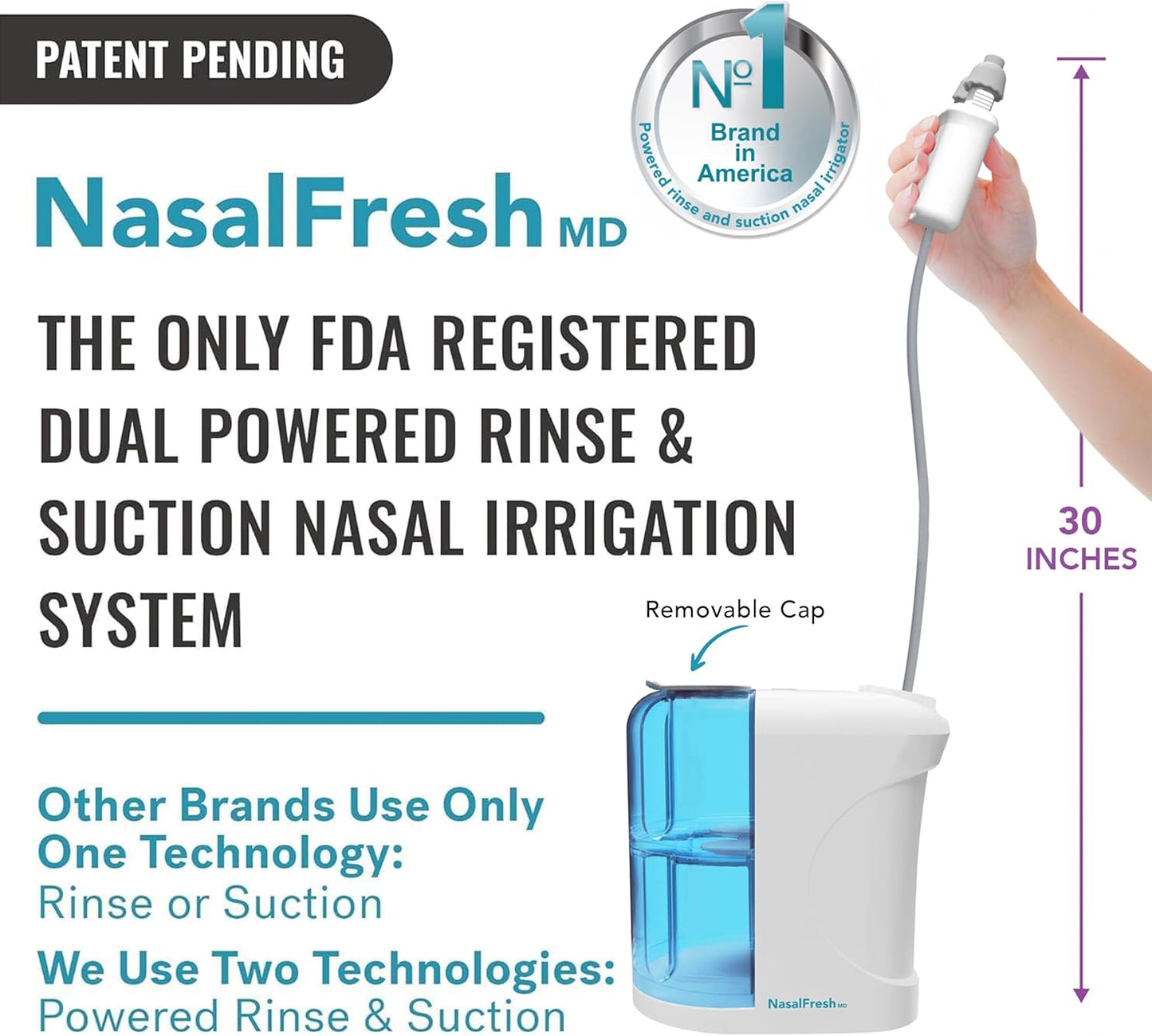 NASALFRESH MD Premium Bundle–Dual Powered Nasal Irrigation System Nasal Rinse and Wash, Sinus Decongestant Relief System, 60 Saline Packets, Case, Rechargeable, 2 Sets of Nose Pillows–Snoring Remedy