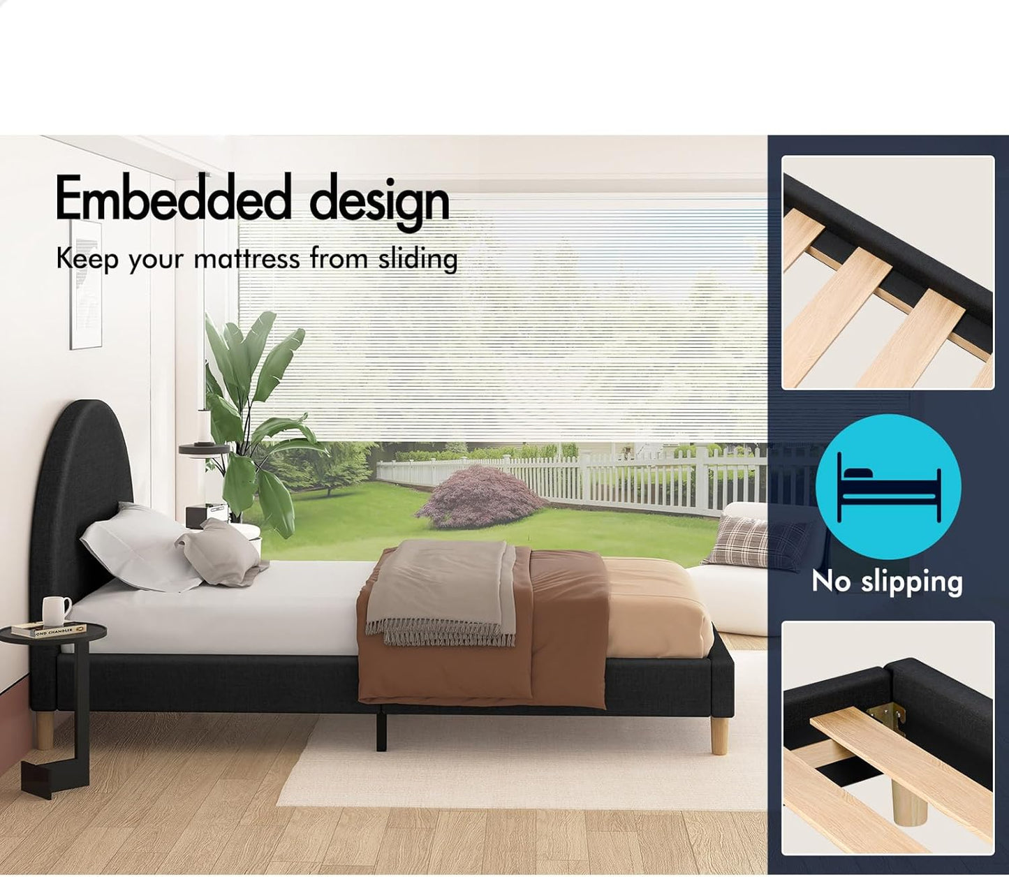 ALFORDSON Bed Frame Base Single Size with Linen Fabric Upholstery, Bed Platform Foundation with Headboard for Mattress Topper, Calla Fabric Charcoal