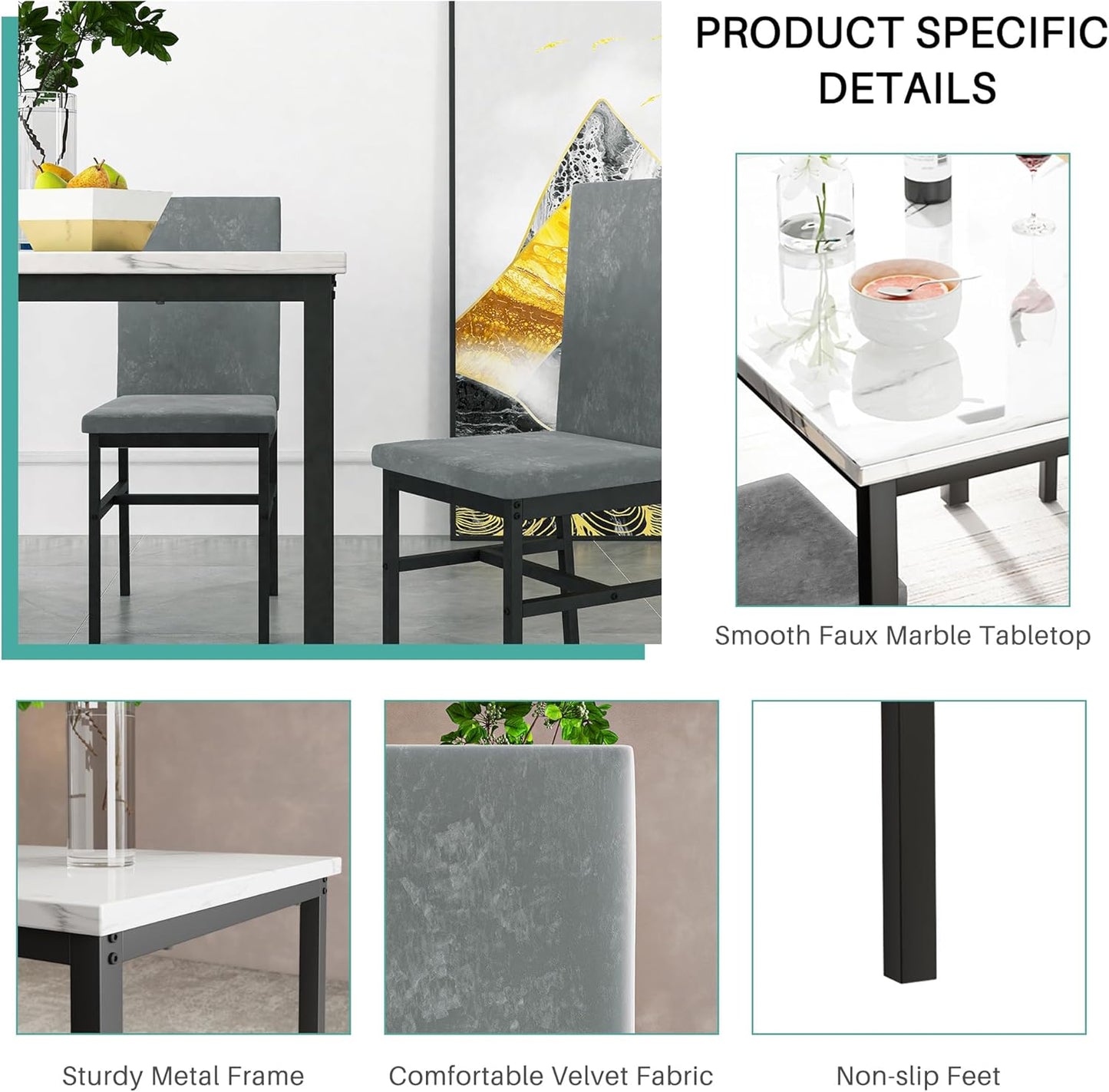 5 Piece DiningTable Set for 4, 47.2 Inch Modern Faux Marble Tabletop Dining Table Set, Kitchen Table Chairs Set with 4 Upholstered Velvet Chairs for Dining Room, Kitchen (Silver)