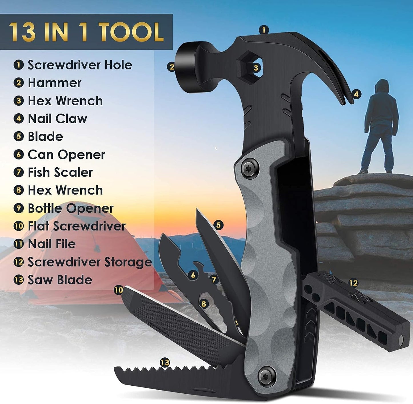 Multitool Fathers Day Dad Gifts from Daughter and Son, Camping Accessories, 13 in 1 Survival Multi Tools Hammer, Christmas Cool Gadgets for Adults Him Boyfriend Husband Grandpa Women Birthday