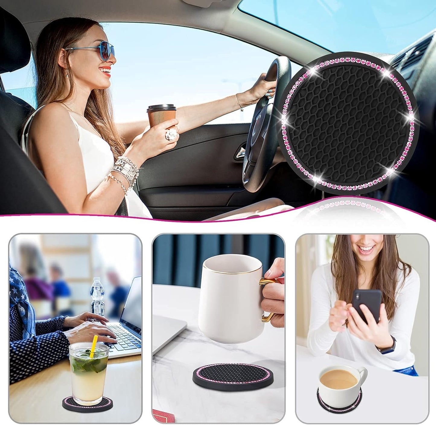 4 Pack Car Coasters, Universal Vehicle Bling Car Coaster, Crystal Rhinestone Coaster for Cup Holders,Interior Accessories 2.75'' Silicone Anti Slip Car Coasters for Women (Pink Crystal Circle)