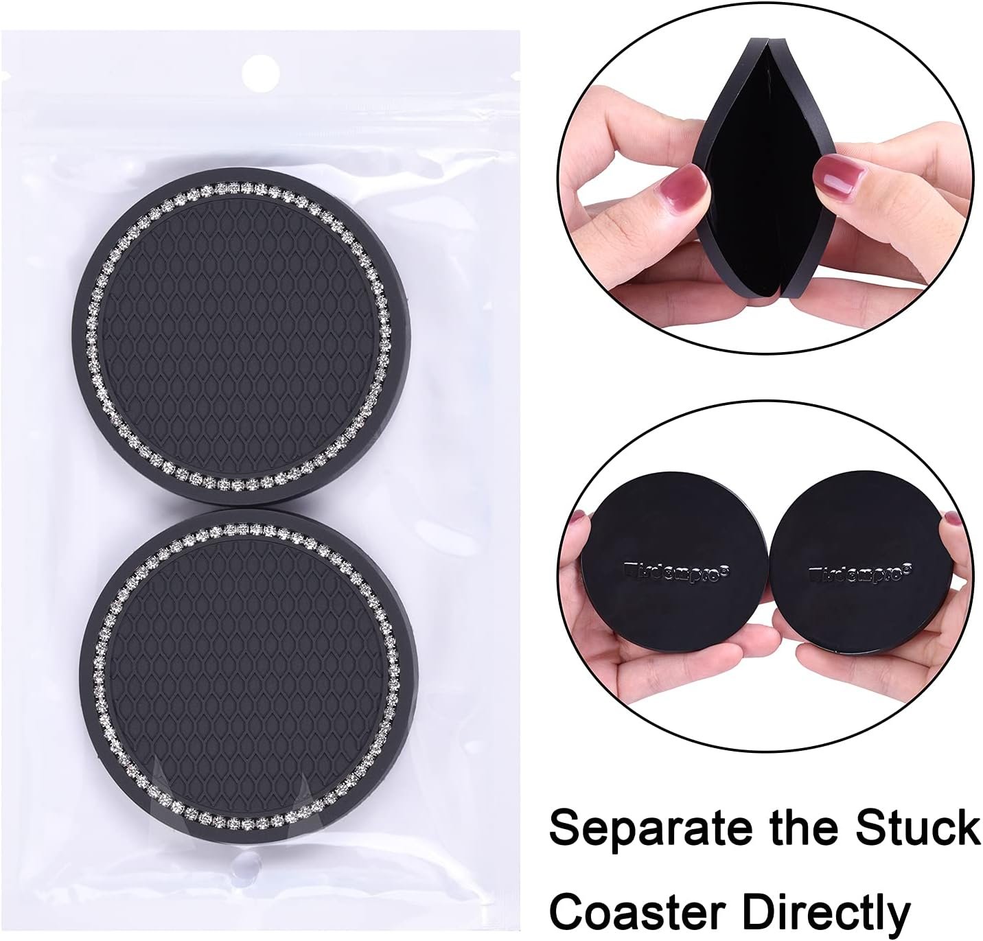 Bling Car Coasters, Wisdompro 4 Pack PVC Car Cup Holder Insert Coaster - Anti Slip Universal Vehicle Interior Accessories Crystal Glitter Cup Mats for Women and Men(2.75" Diameter, Black)