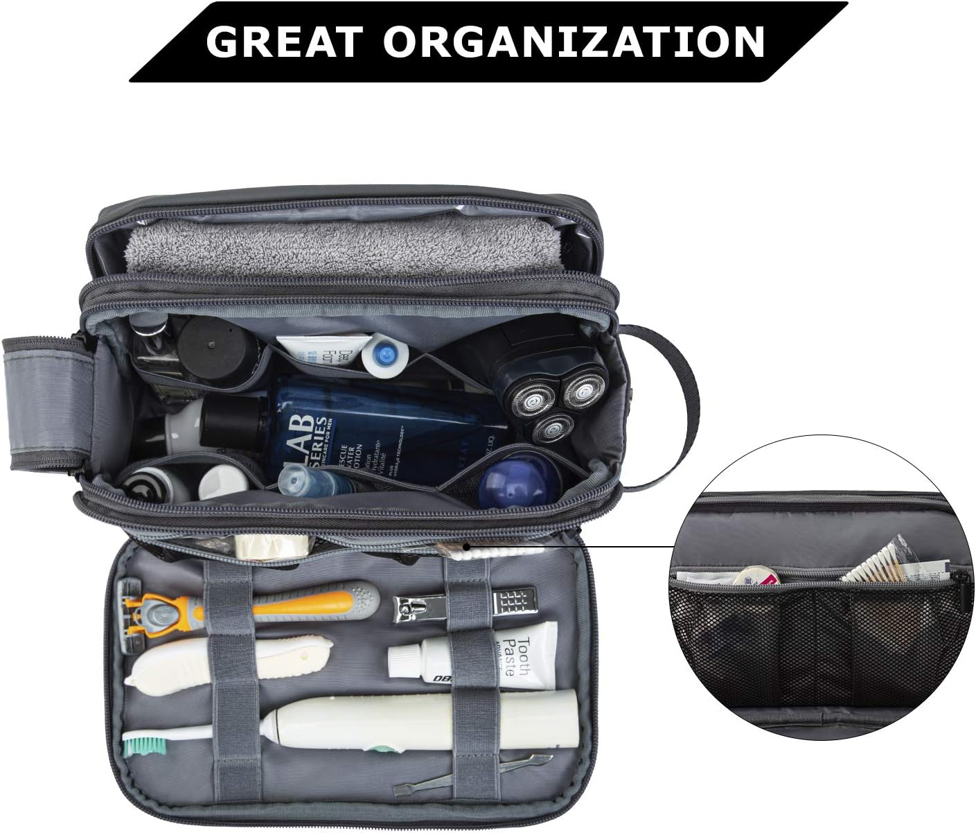 BAGSMART Toiletry Bag for Men, Travel Toiletry Organizer Dopp Kit Water-Resistant Shaving Bag for Toiletries Accessories (Grey, Large)