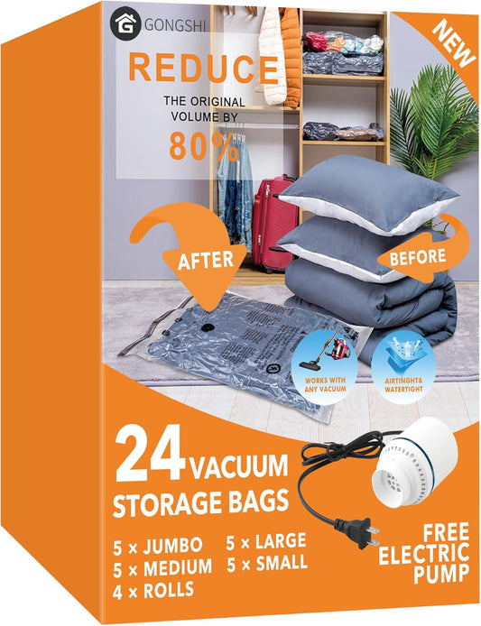 24 Pack Vacuum Storage Bags with Electric Pump, (5 Jumbo, 5 Large, 5 Medium, 5 Small, 4 Roll Up Bags) Space Saver Bag for Clothes, Mattress, Blanket, Duvets, Pillows, Comforters,Travel…