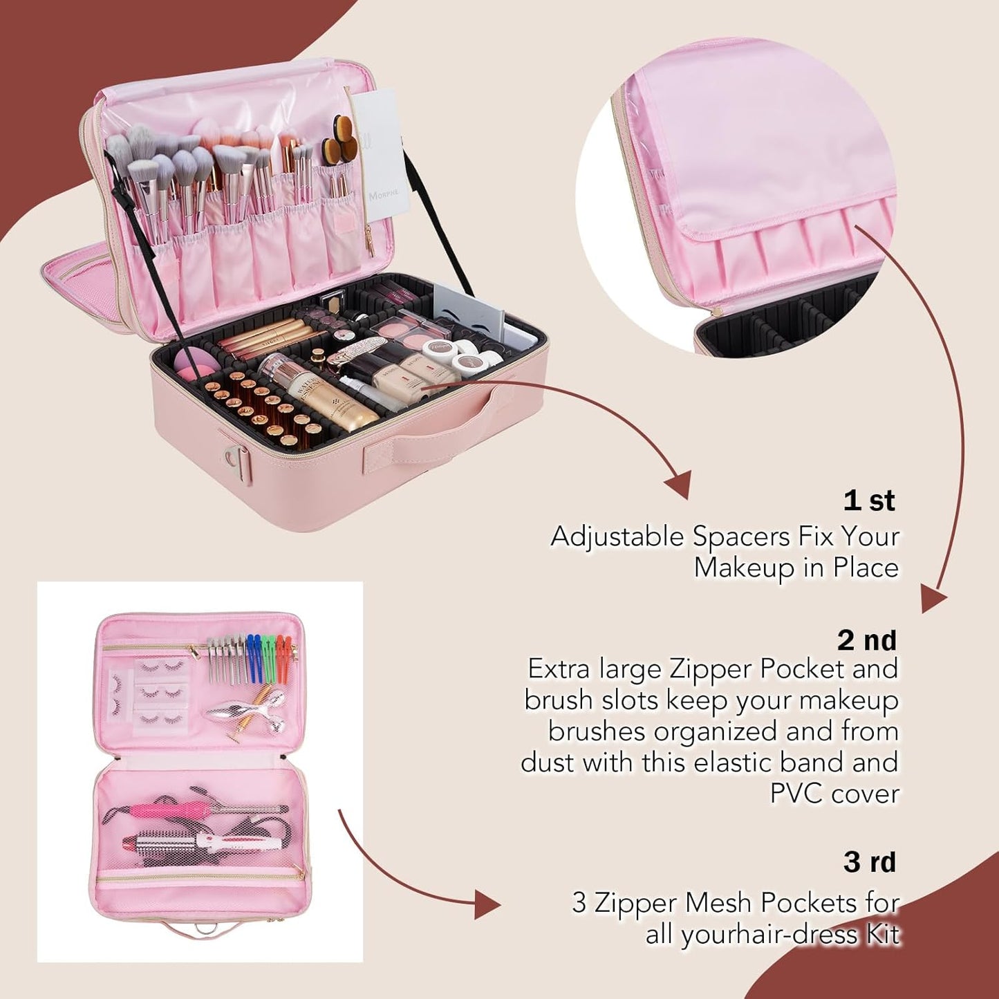Large Cosmetic Bag for Women Travel Oxford Fabric Makeup Bag, pink