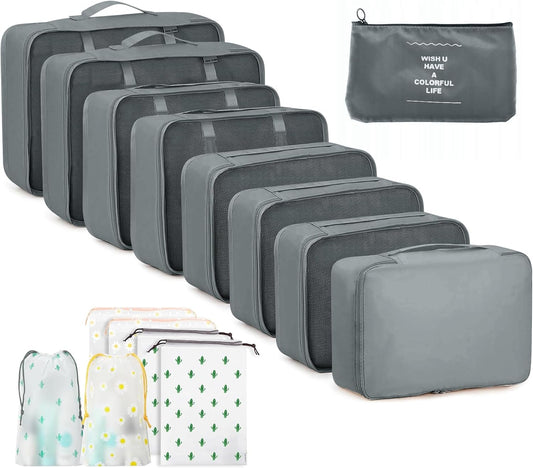 GIBOHOM Suitcase Organizer Set, 15 Pieces Space Saver, Packing Cubes for Holiday and Travel, Dividers Suitcase, Travel Organizer with Transparent Pockets, Grey