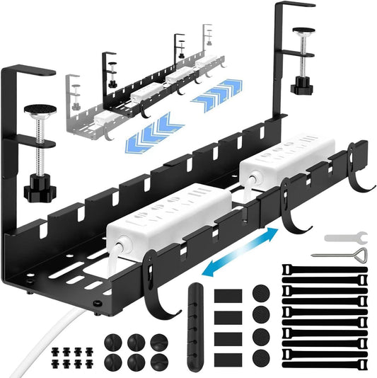 NOAEOU Retractable Under Desk Cable Management Tray – 12" to 21.6" No Drill Metal Wire Cord Organizer Basket with Complete Accessories | Desk Wire Management Solution for Office & Home
