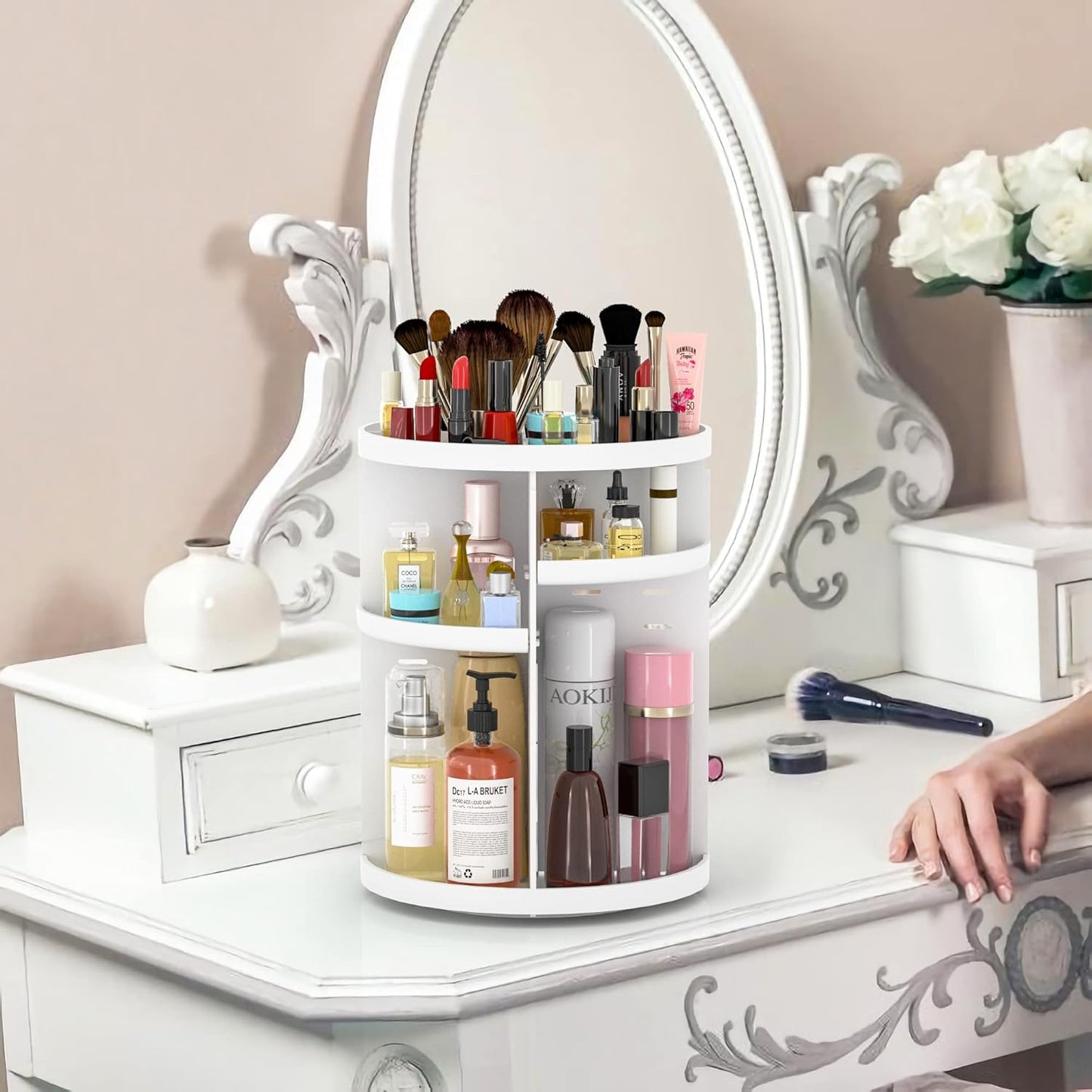 Intirilife 360 Degree Rotating Makeup Organizer in White - Cosmetic Box for Jewellery, Accessories, Makeup and Skin Care Products