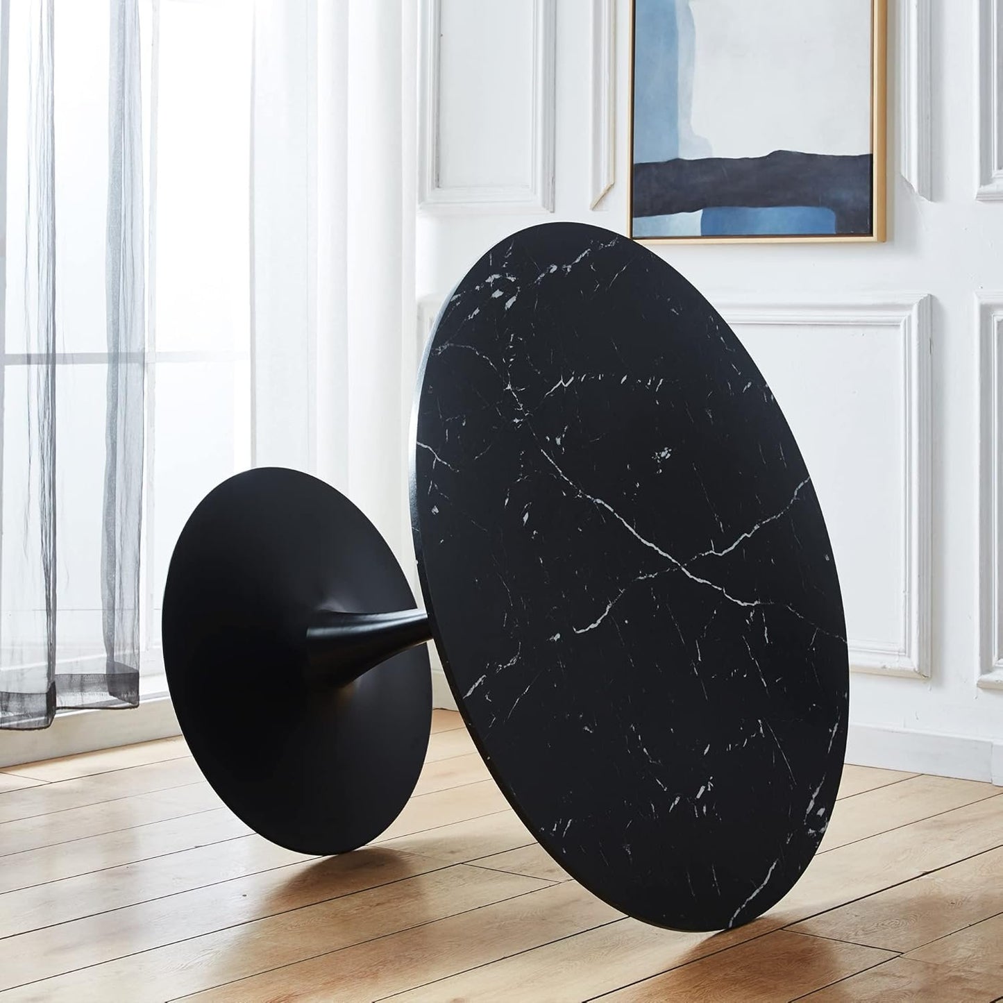 Modern Round Dining Table Tulip Table for 4-6 Persons, Wooden MDF Top Black Marble Pattern Mid-Century Leisure Table for Kitchen (Black Marble, 42")