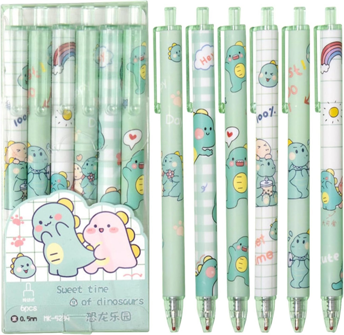 6 Pcs Adorable Dinosaur Gel Ink Rollerball Pens - 0.5mm Cute Stationery for Kids