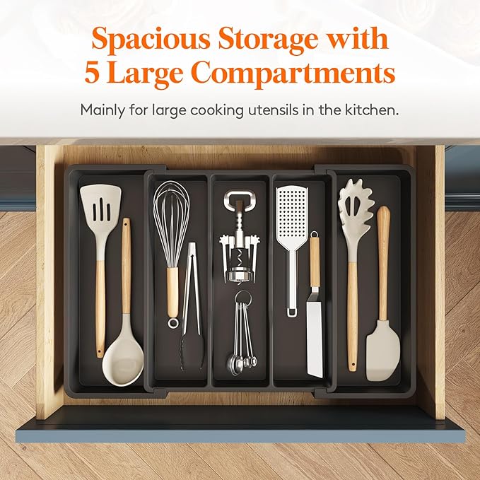 Lifewit Utensil Organizer for Kitchen Drawers, Expandable Cooking Utensil Tray, Adjustable Cutlery Silverware Flatware Holder, Plastic Kitchen Spatula Tools and Gadgets Storage Divider, 2 Pack, Black