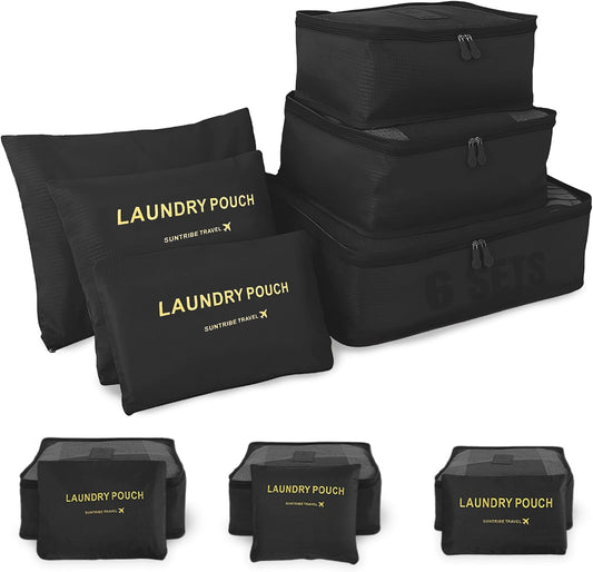 Travel Suitcase Organizer - Organized Bags - Clothing and Accessories Organized 6 Sets in 1 for Luggage - Packing Cubes - Waterproof - Black
