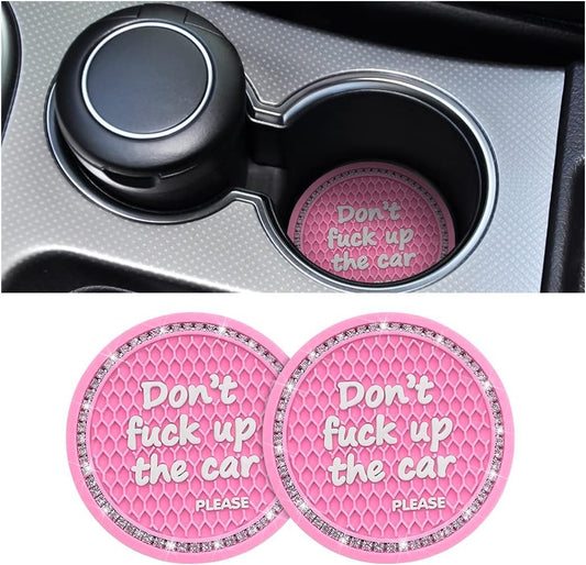 2 Pack Bling Car Coasters for Cup Holder, Crystal Rhinestone 2.75 in Cup Holder Coaster, Silicone Anti-Slip Insert Cup Mats for Women, Interior Accessories Universal for Most Cars (Pink)