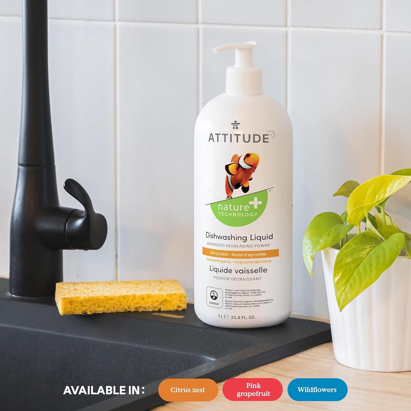 ATTITUDE Dishwashing Liquid, Made in Canada, EWG Verified, Vegan Dish Soap, Plant Based, Naturally Derived Products, Pink Grapefruit, 1 Liter