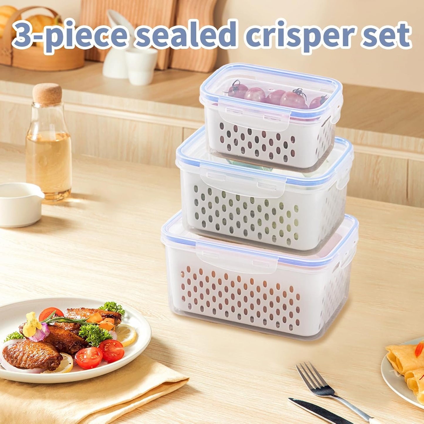 Homiliky 3Pcs Fruit Storage Containers for Fridge with Removable Colanders,Leakproof Food Storage Containers Food Storage Containers with Lid for Salad Berry Lettuce Vegetables Meat Keeper